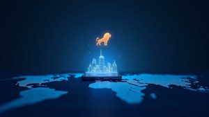 Photorealistic header of a lion logo on a sleek smartphone above a glowing world map and skyline with a blue fintech grid.