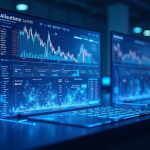 Modern trading desk with a glowing tokenized equities ticker, blockchain holograms, and SEC/FINRA branding in a blue newsroom.