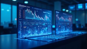 Modern trading desk with a glowing tokenized equities ticker, blockchain holograms, and SEC/FINRA branding in a blue newsroom.
