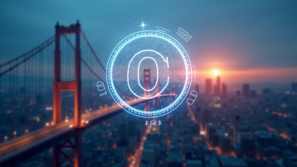 Photorealistic scene of a digital token bridging Ondo and SBI logos above a Tokyo skyline, symbolizing asset tokenization.