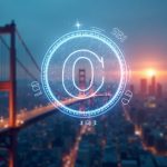 Photorealistic scene of a digital token bridging Ondo and SBI logos above a Tokyo skyline, symbolizing asset tokenization.