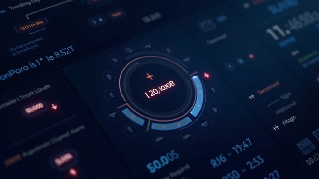 Photorealistic crypto dashboard with a central auto-compound toggle over a Solana liquidity pool and glowing tokens.