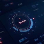 Photorealistic crypto dashboard with a central auto-compound toggle over a Solana liquidity pool and glowing tokens.