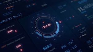 Photorealistic crypto dashboard with a central auto-compound toggle over a Solana liquidity pool and glowing tokens.