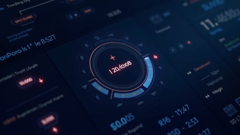 Photorealistic crypto dashboard with a central auto-compound toggle over a Solana liquidity pool and glowing tokens.