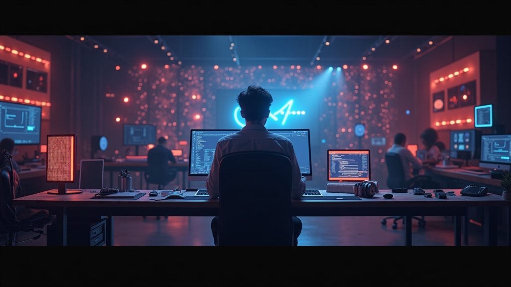 Photorealistic studio with a creator connected to glowing GPUs, showing OTOY Studio UI and Render token.