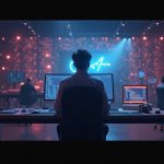 Photorealistic studio with a creator connected to glowing GPUs, showing OTOY Studio UI and Render token.