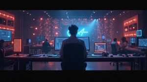 Photorealistic studio with a creator connected to glowing GPUs, showing OTOY Studio UI and Render token.