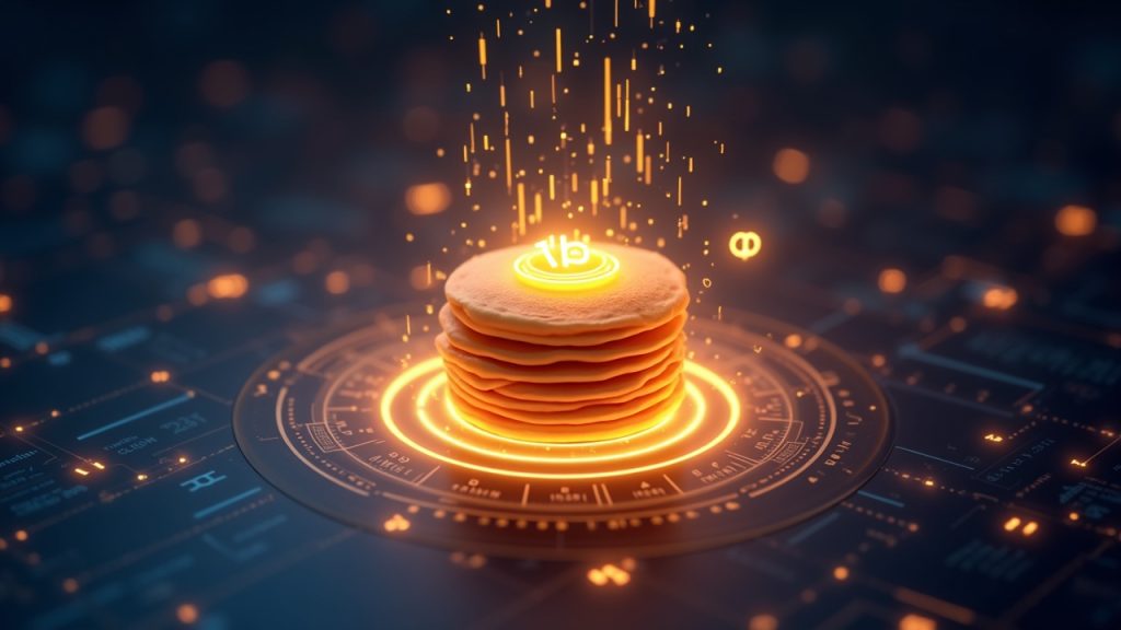 Photorealistic PancakeSwap logo glow amid rising crypto charts and a 1B ticker on a futuristic blockchain backdrop.