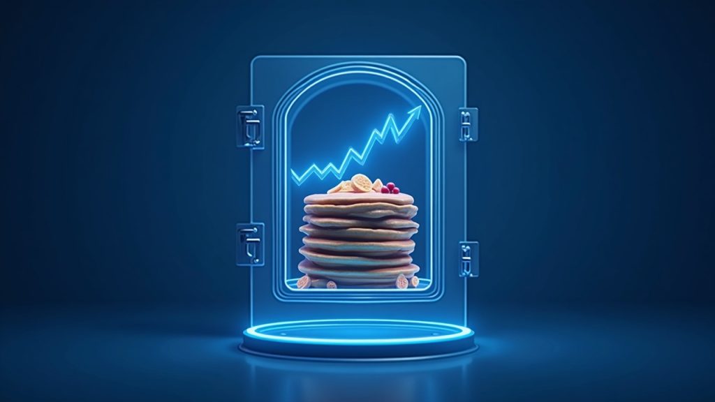 PancakeSwap logo morphs into a glass vault holding tokenized assets, with a rising neon graph on a DeFi newsroom backdrop.