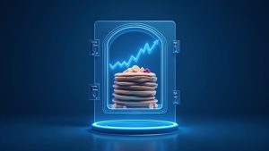 PancakeSwap logo morphs into a glass vault holding tokenized assets, with a rising neon graph on a DeFi newsroom backdrop.