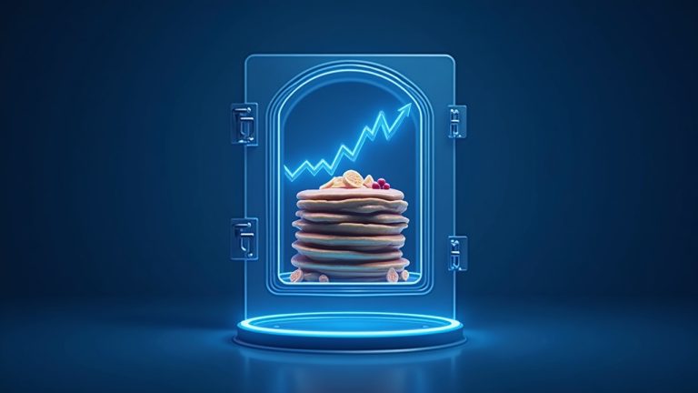 PancakeSwap logo morphs into a glass vault holding tokenized assets, with a rising neon graph on a DeFi newsroom backdrop.