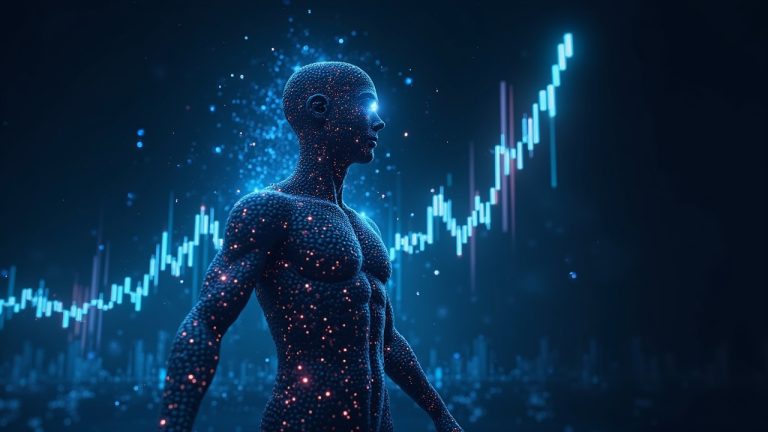 Photorealistic central figure of a decentralized data oracle powering DeFi, with rising market chart and PYTH data streams.