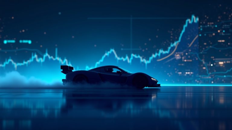 Photorealistic Racerz NFT racer silhouette over a rising price chart with a subtle OpenSea halo in cool blue tones.