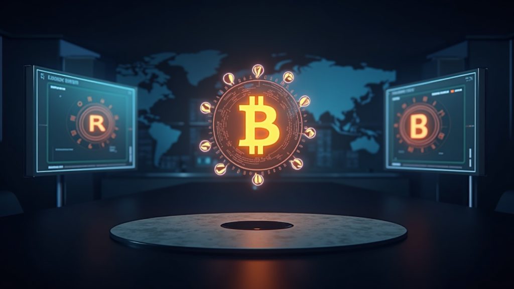 Photorealistic newsroom with holo panels showing Ordinals, Counterparty and Stamps converging on a Bitcoin logo.