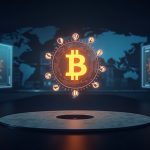 Photorealistic newsroom with holo panels showing Ordinals, Counterparty and Stamps converging on a Bitcoin logo.
