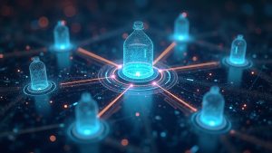 Futuristic DeFi hub: real-world asset tokens flow into tokenized funds and Treasuries, signaling capital rotation.
