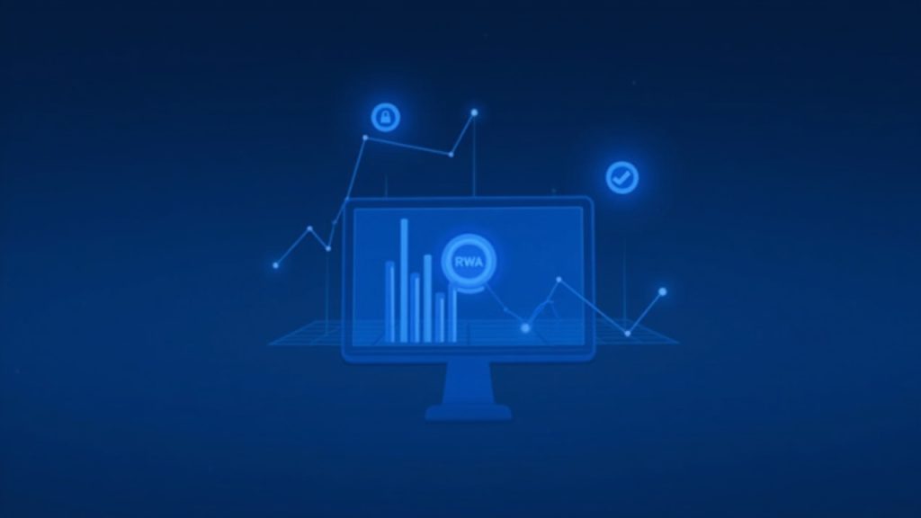 Photorealistic header with rising RWA bars on a central screen and a blue, subtle DEX decline line chart.