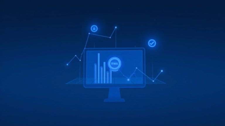 Photorealistic header with rising RWA bars on a central screen and a blue, subtle DEX decline line chart.