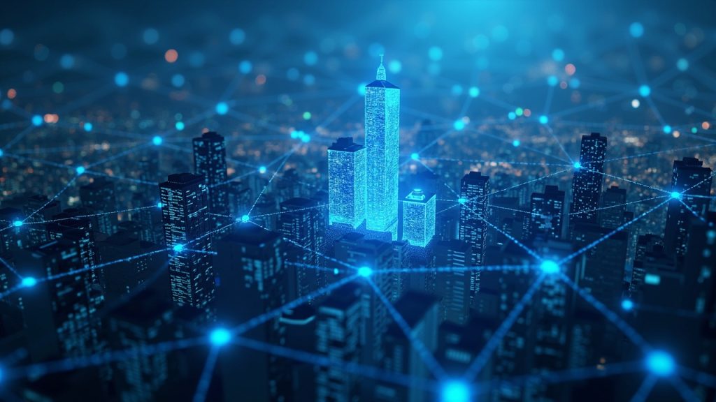 Photorealistic AI servers in a lattice, with Seoul skyline and ICML branding, illustrating decentralized AI compute.