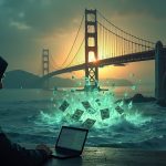 Photorealistic Solana bridge under a flash loan attack with USDC/USDT draining from a breached pool and a hacker silhouette.