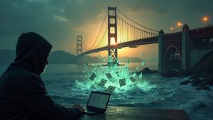 Photorealistic Solana bridge under a flash loan attack with USDC/USDT draining from a breached pool and a hacker silhouette.