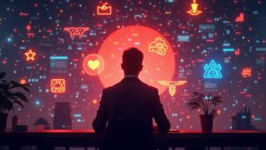 Photorealistic Solana NFT trader among glowing logos and silhouettes; fast, low-fee markets and degen retail surge.
