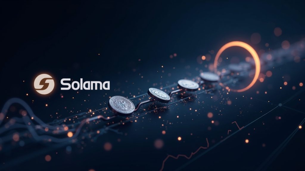 Photorealistic Solana logo with a stream of stablecoins toward a glowing on-chain liquidity chart, Circle emblem lit.