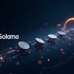 Photorealistic Solana logo with a stream of stablecoins toward a glowing on-chain liquidity chart, Circle emblem lit.