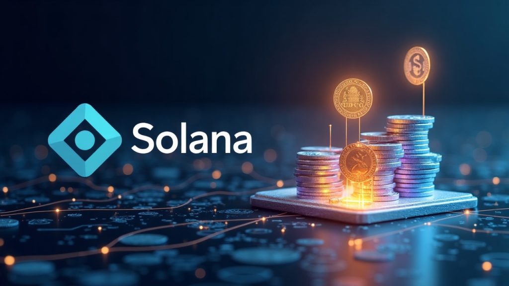 Solana minting USDC with glowing lines, stacked tokens, and a holographic ledger.