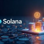 Solana minting USDC with glowing lines, stacked tokens, and a holographic ledger.