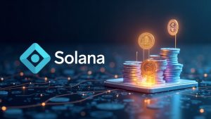 Solana minting USDC with glowing lines, stacked tokens, and a holographic ledger.