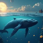 Photorealistic Solana whale during a cliff unlock, tokens flowing into a liquidity graph via Jupiter.
