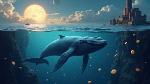 Photorealistic Solana whale during a cliff unlock, tokens flowing into a liquidity graph via Jupiter.