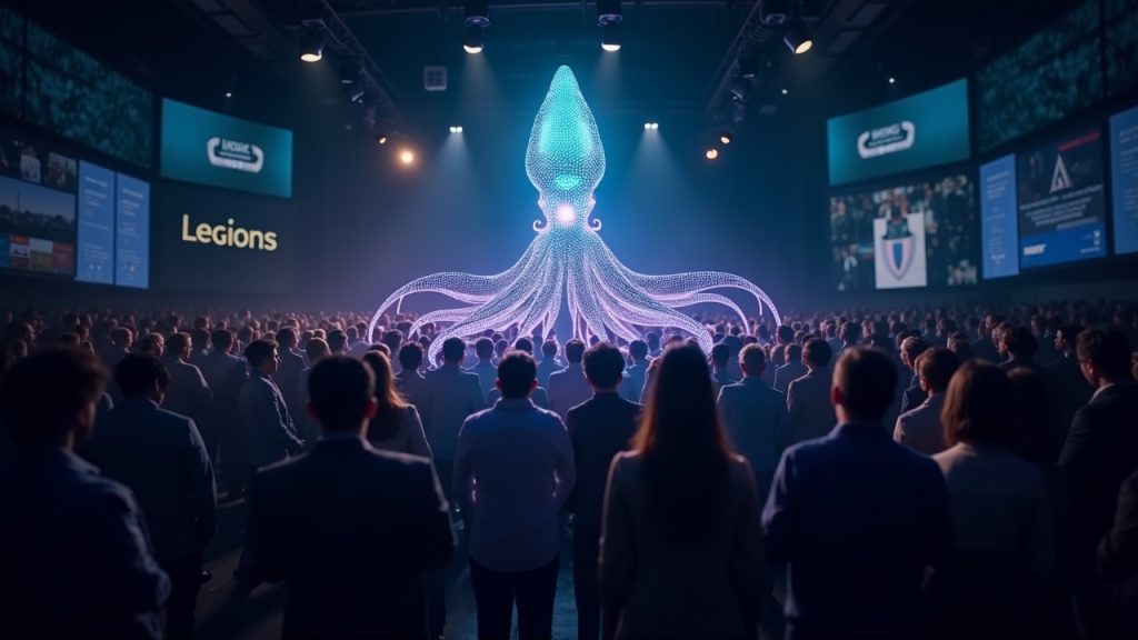Photorealistic squid icon linked to a network of nodes, with Legion and Kraken logos among a diverse investor crowd.