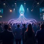 Photorealistic squid icon linked to a network of nodes, with Legion and Kraken logos among a diverse investor crowd.
