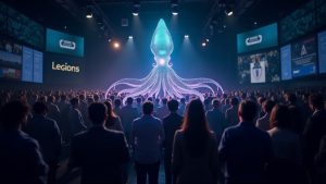 Photorealistic squid icon linked to a network of nodes, with Legion and Kraken logos among a diverse investor crowd.