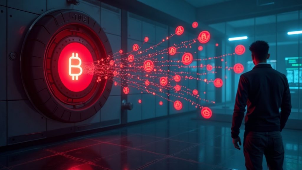 Futuristic DeFi vault dashboard with red alert, floating USDC icons, hacker silhouette, glowing ledger lines (newsroom)