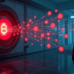 Futuristic DeFi vault dashboard with red alert, floating USDC icons, hacker silhouette, glowing ledger lines (newsroom)