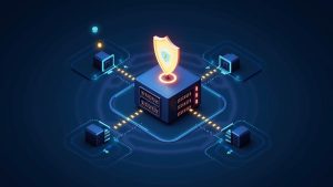 Data center with a central validator node, glowing shield, and IPv4/IPv6 signals converging on one port for Teku maintenance.
