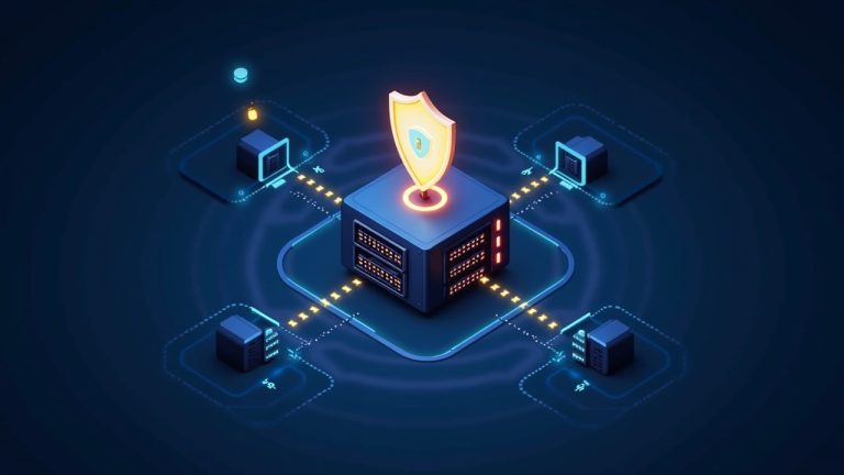 Data center with a central validator node, glowing shield, and IPv4/IPv6 signals converging on one port for Teku maintenance.