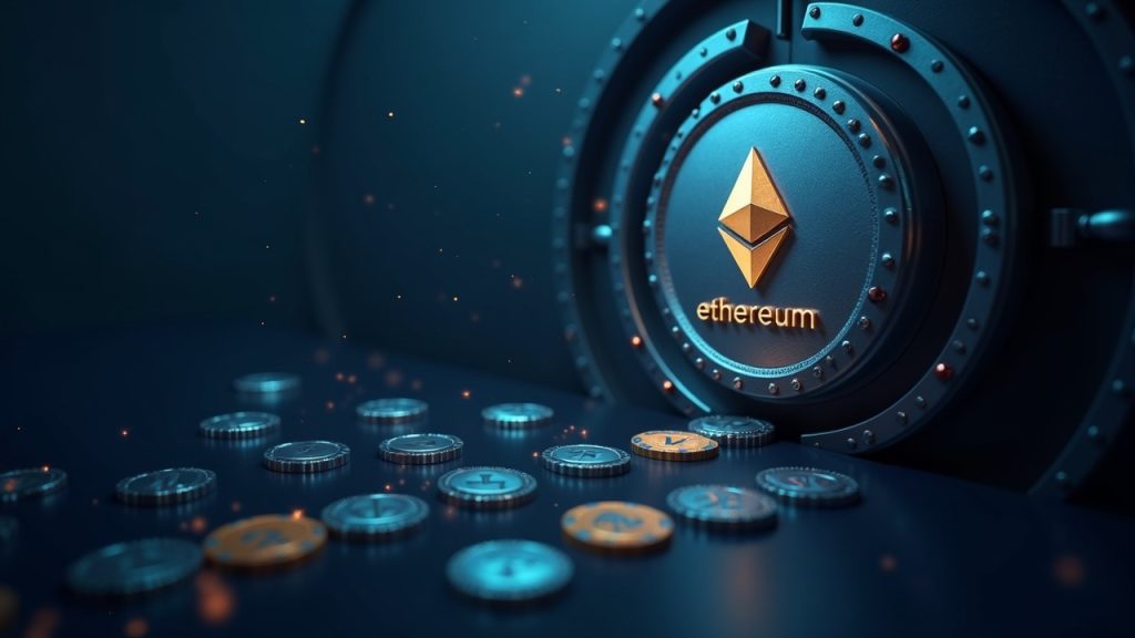 Vault door with Ethereum symbol and IVV/MU tokens flowing into a regulated on-chain ledger.