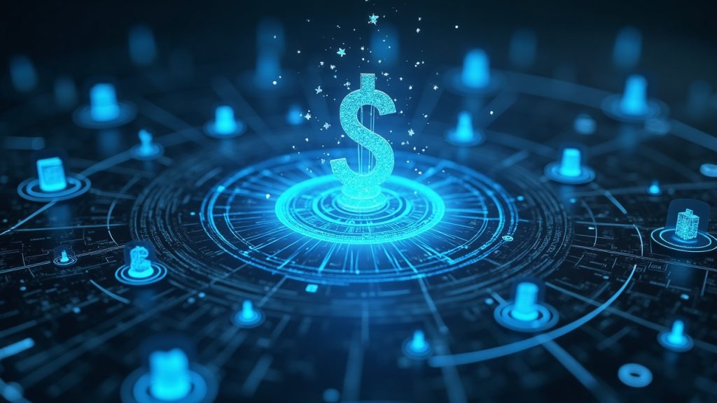 photorealistic fintech scene with a holographic ledger showing tokenized mmf collateral powering on-chain lending.