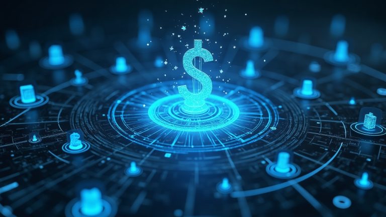 photorealistic fintech scene with a holographic ledger showing tokenized mmf collateral powering on-chain lending.