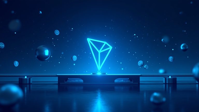 Realistic TRON network hub with flowing TRC20 USDT on a neon-blue bridge, symbolizing liquidity and decentralized settlement.