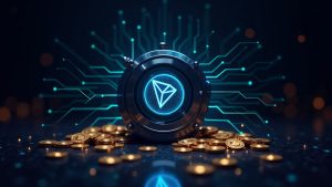 Photorealistic vault minting 1B USDT on TRON with neon circuit backdrop and glowing token streams.