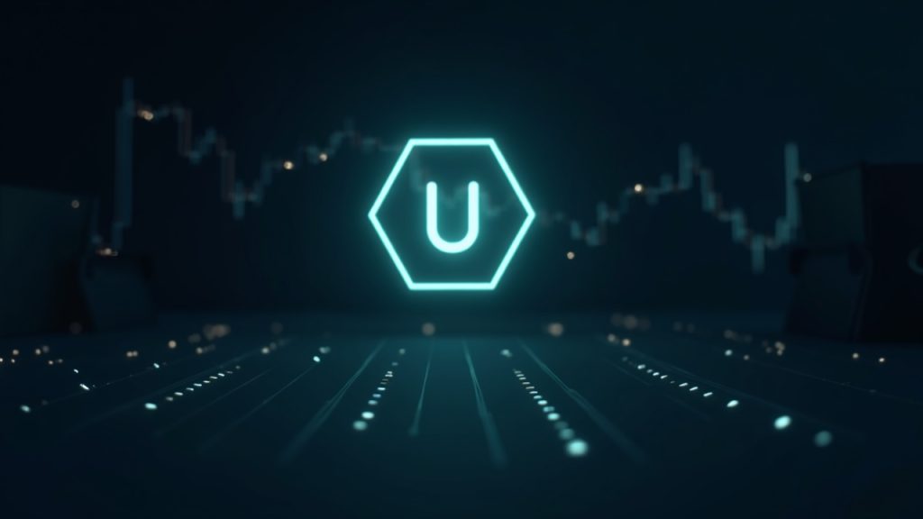 Photorealistic Uniswap logo on a digital Robinhood Chain with rising charts, 4B volume, and 10x daily traders.