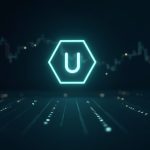 Photorealistic Uniswap logo on a digital Robinhood Chain with rising charts, 4B volume, and 10x daily traders.