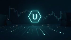 Photorealistic Uniswap logo on a digital Robinhood Chain with rising charts, 4B volume, and 10x daily traders.