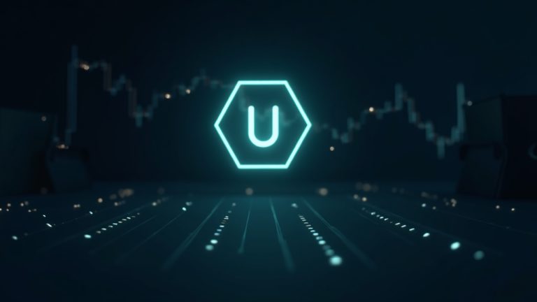 Photorealistic Uniswap logo on a digital Robinhood Chain with rising charts, 4B volume, and 10x daily traders.
